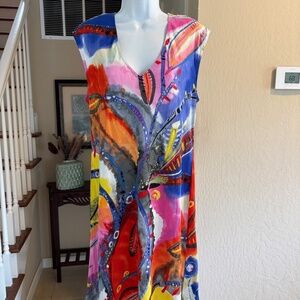 Jams World Hawaii Vibrant Colorful Artsy Watercolor V Neck Cap Sleeves Dress L